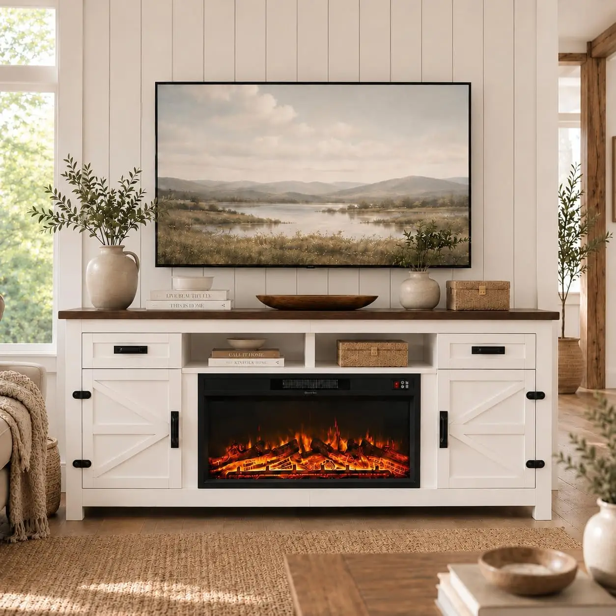 Farmhouse TV Stand with Barn Door & Fireplace, 80 inch White Entertainment Center for Living Room, Customized