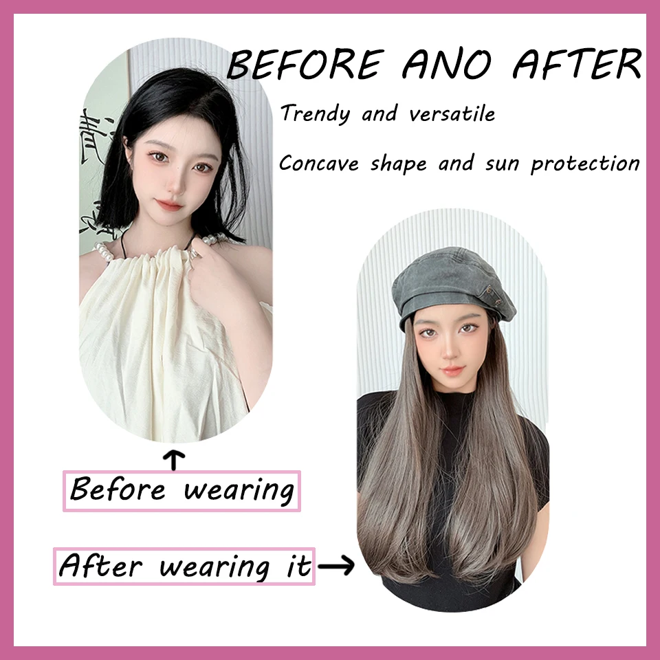 Hat Wig Women's Fashion Popular Trend Wig Women's Full Head Cover Cowboy Beret Hat Long Hair