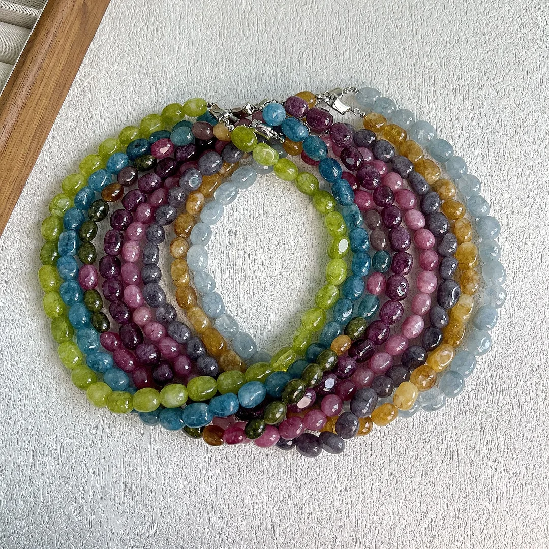 New Jade Marrow White Ice Transparent Blue Bull Oil Fruit Bead Ingot Necklace with High Quality and Small Niche Chain Clavicle