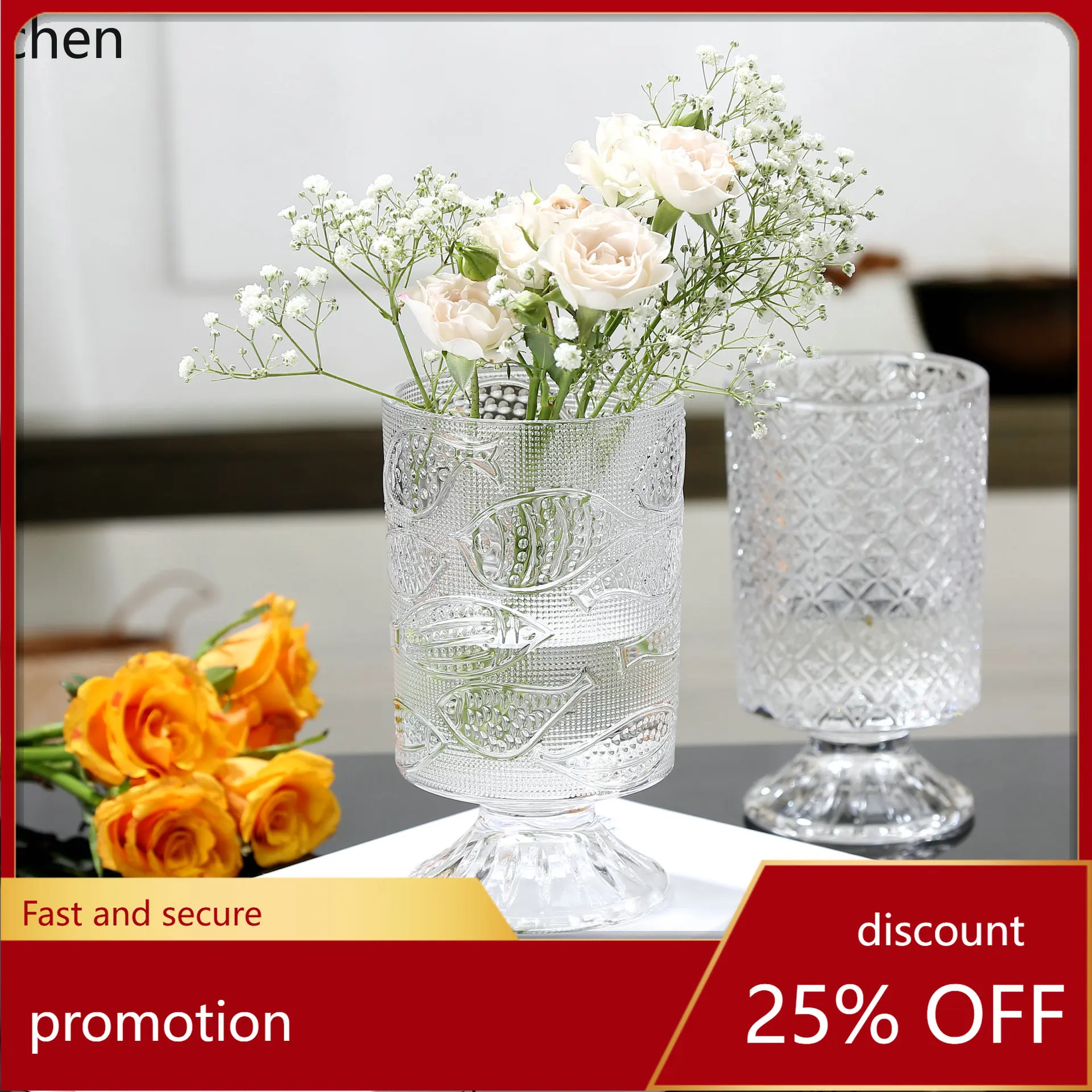 YFY  retro light luxury crystal french embossed transparent glass tall vase