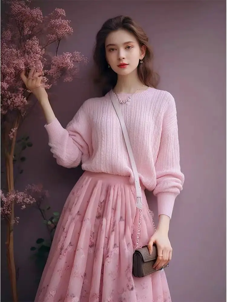 

Early Autumn Two Piece Set 2025 Age Reducing Western Style Beauty Pink Sweater Pullover Floral Half Skirt Set for Women