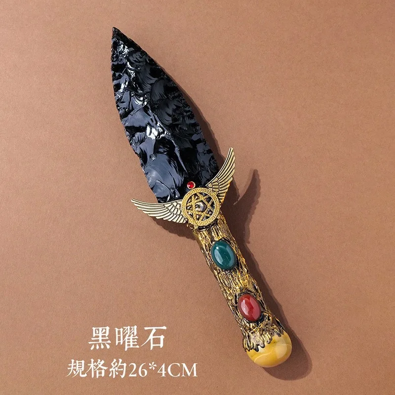 Natural Black Obsidian Knife with Wooden Handle Handmade Decorative Piece As A Birthday Gift
