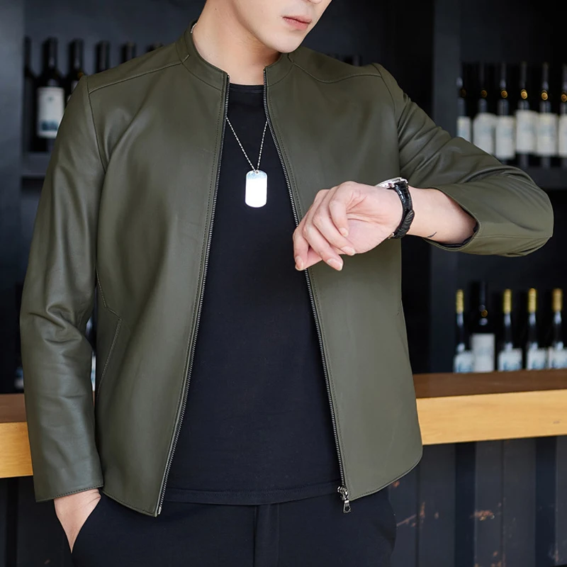 Men's Stand-Up Collar Genuine Sheepskin Leather Jacket Male Simple Casual Motorcycle Full Leather Coat Streetwear Veste Homme