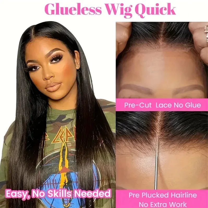 شعر مستعار بدانتيل أمامي عالي الدقة بدون صمغ شعر بشري 13x4 إغلاق مسبق القطع ومسبق القطع 200% كثافة مستقيمة ملابس سوداء طبيعية وشعر مستعار لـ W