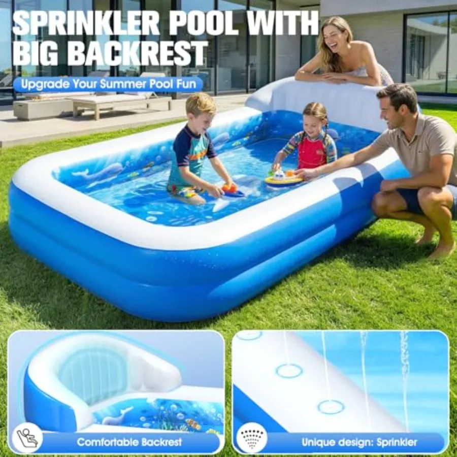 2026 Inflatable Pool with Sprinkler, Durable Blow up Pool with Big Backrest, Rectangle Pool Backyard, Swimming Pool, Small Infl