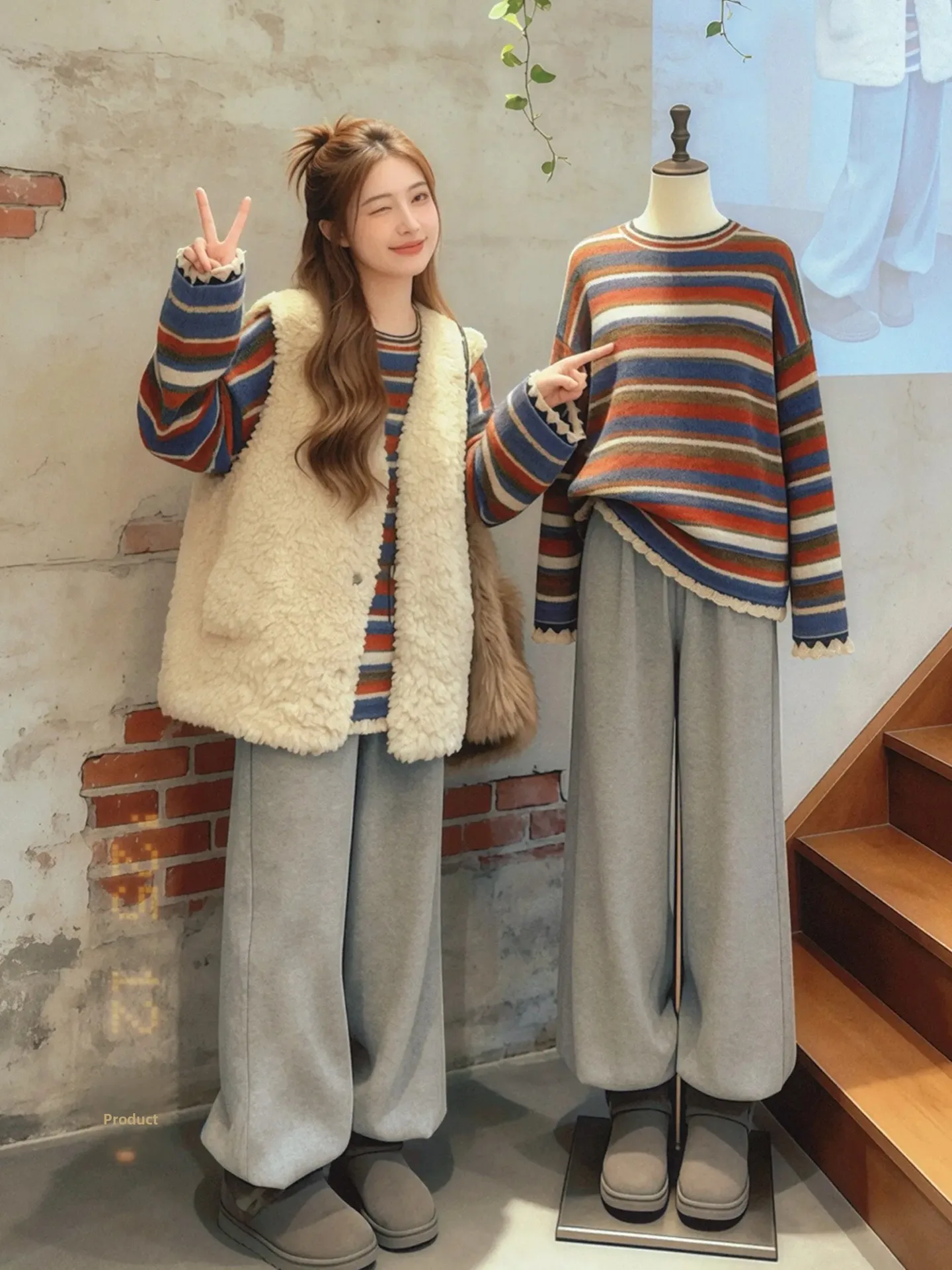 

Зимний теплый комплект из овечьей шерсти: полосатый свитер, свободные брюки и удобный женский модный костюм-тройка для повседневной носки
