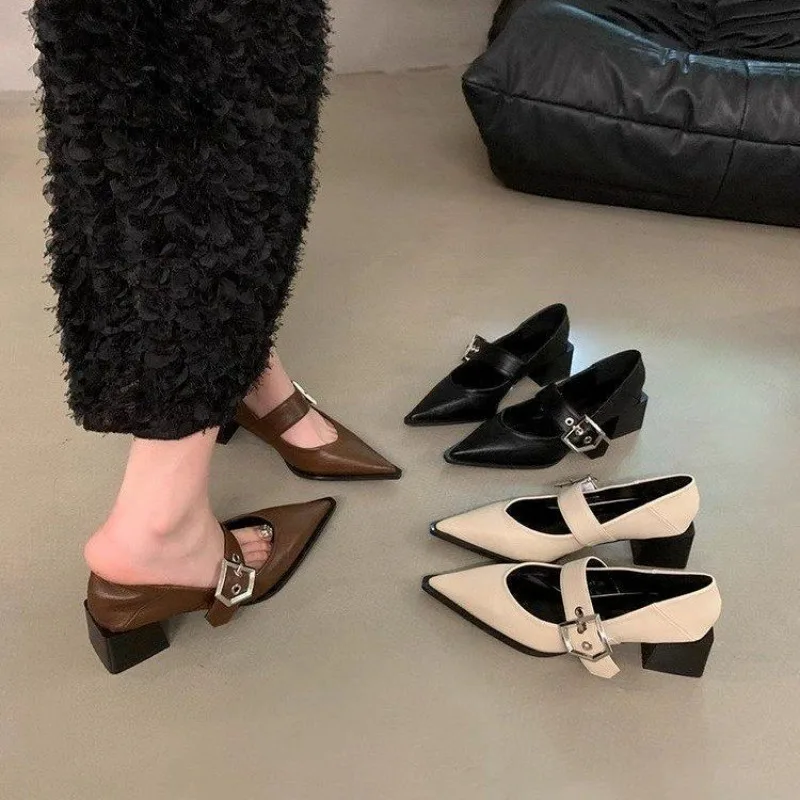 Female New 2026 Footwear Heels Women Pumps Shallow Shoes Pointed Toe Fashion Metal Buckle Strap Ladies Thick Heels Shoes