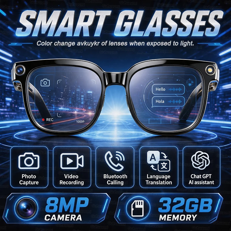 2026 HD AI Smart Glasses 32GB Storage 800W Camera Take Photos Record Video Call Voice Assistant Translation Chat GPT Sunglasses