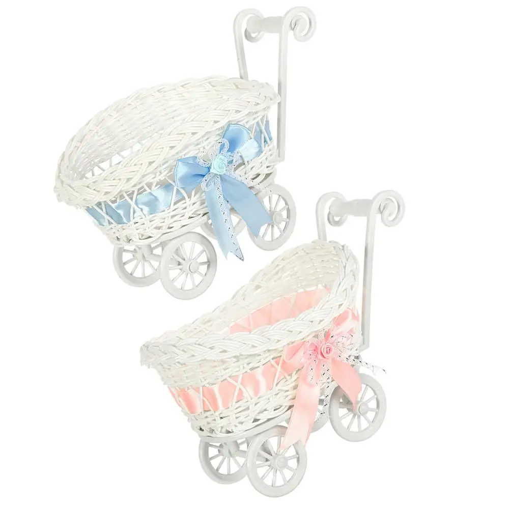 

2Pcs Imitation Rattan Baby Stroller Decor Baskets Cart Shape Candy Storage Organizer Wedding Party Favor