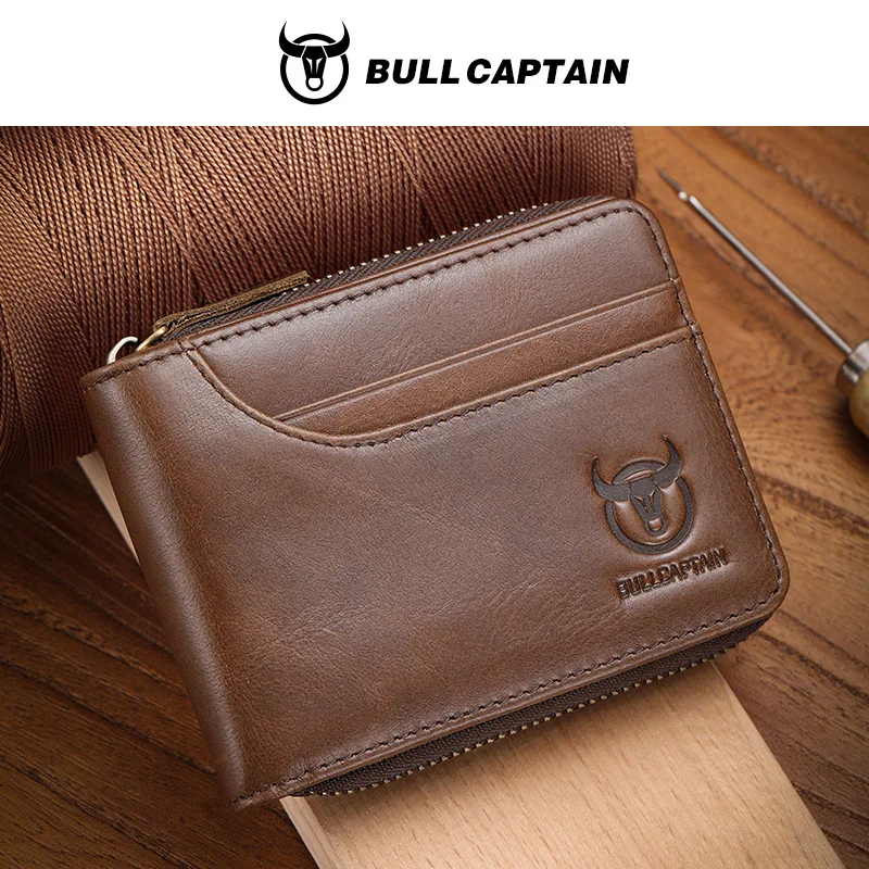 Genuine leather men's wallet, vertical zipper, casual short style, multi-functional photo album, driver's license wallet
