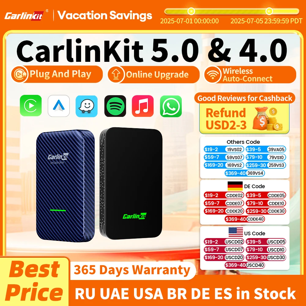 CarlinKit 5.0 2air и CarlinKit 4.0 CP2A Беспроводной Android Auto и CarPlay Беспроводной адаптер 2,4G и 5,8 ГГц Wi-Fi Автоматическое подключение Обновление OTA