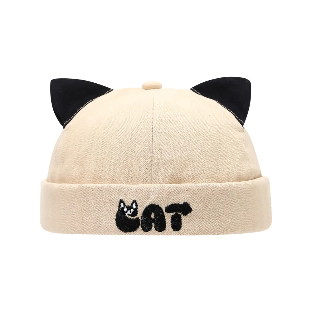Cute Cat Ears Docker Cap Solid Color Drawstring Adjustable Melon Cap Dome Shape Cartoon Toddler Hat Summer Season