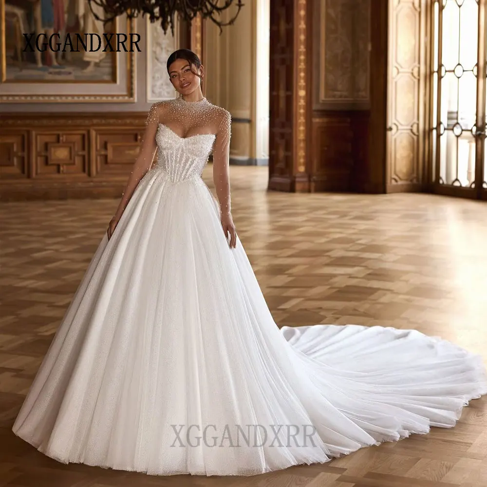 تخصيص ألف خط طويل الأكمام تول فستان الزفاف 2026 فاخر بدون حمالات الديكور الترتر فستان زفاف انفصال سترة العروس ثوب #1