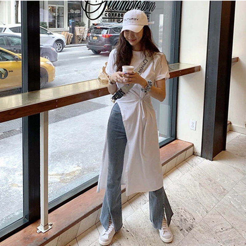 MEXZT L-4Xl T Shirt Dress Women Oversized Slit Irregular White Dresses Summer Korean Streetwear Split Button Pleated Casual Robe