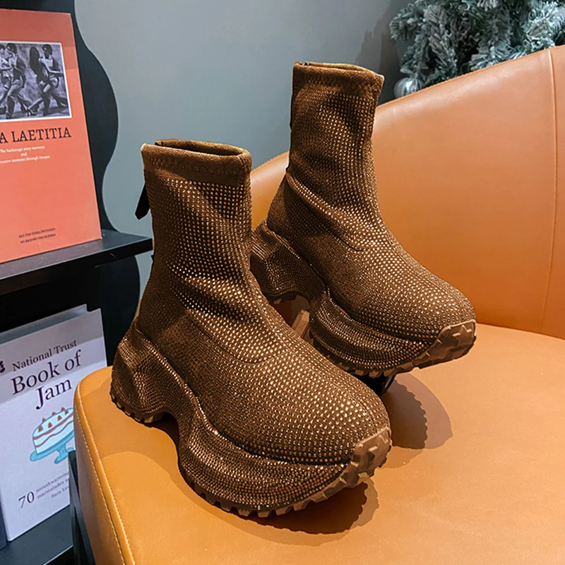 

Luxury Crystal Women Ankle Boots Platform Shoes Flats Chelsea Boots 2025 Winter Trend Sneaker Sport Walking Shoes Mujer Botas