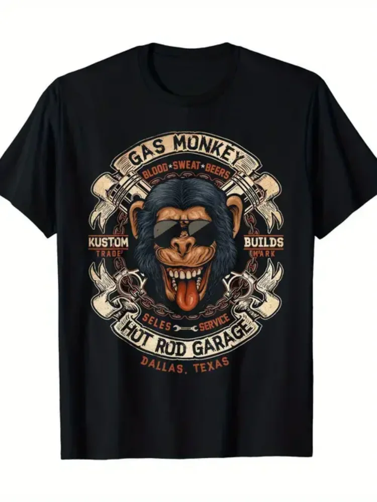 [Camiseta informal de algodón] Camiseta 100% algodón para hombre, camiseta informal con cuello redondo y logotipo de cinta de pistones cruzados con gas de mono, ajuste regular