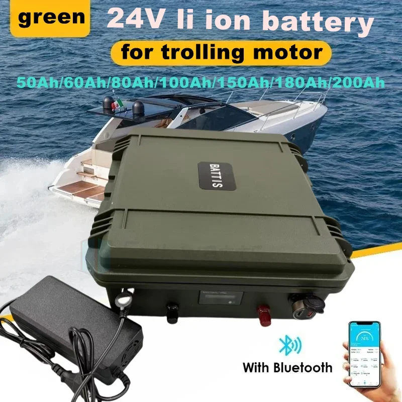 IP67 Waterproof 24V 100Ah 50Ah 60Ah 80Ah 120Ah 150Ah Lithium Ion Battery with BMS for Boat Thruster Solar Inverter +10A Charger