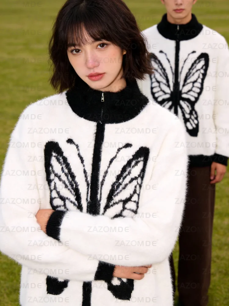 

ZAZOMDE американский ретро-свитер с воротником, кардиган, весна-осень, жаккардовое пальто с бабочкой и длинными рукавами, повседневное короткое вязаное пальто на молнии