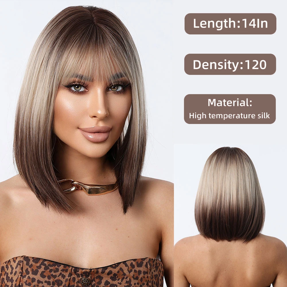 Smoky Brown Mixed Hair Color With Bangs Bob Short Hair Synthetic Wig With A Natural Newbie Friendly Wig for Everyday Wear