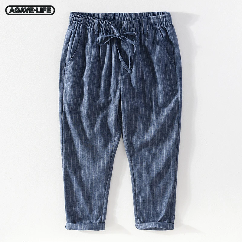 

Spring Summer Linen Pants Men's Thin Casual Stripe Elastic Waist Hemp Pants Youth Male Loose Daily Drawstring Straight Trousers