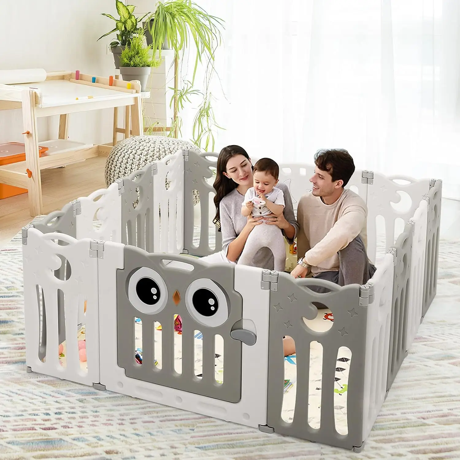 Cour de jeu pour bébé, centre d'activité pour parc pour bébé de Style hibou à 14/16 panneaux pour les tout-petits, base antidérapante et porte verrouillable