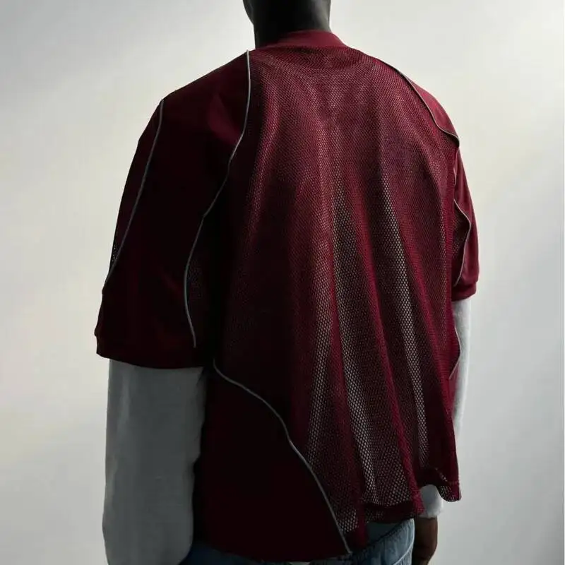 American-style Summer New Hollow-out High Street Niche Design Short-sleeve T-shirt Red Number Printting Pullover Top BAI3