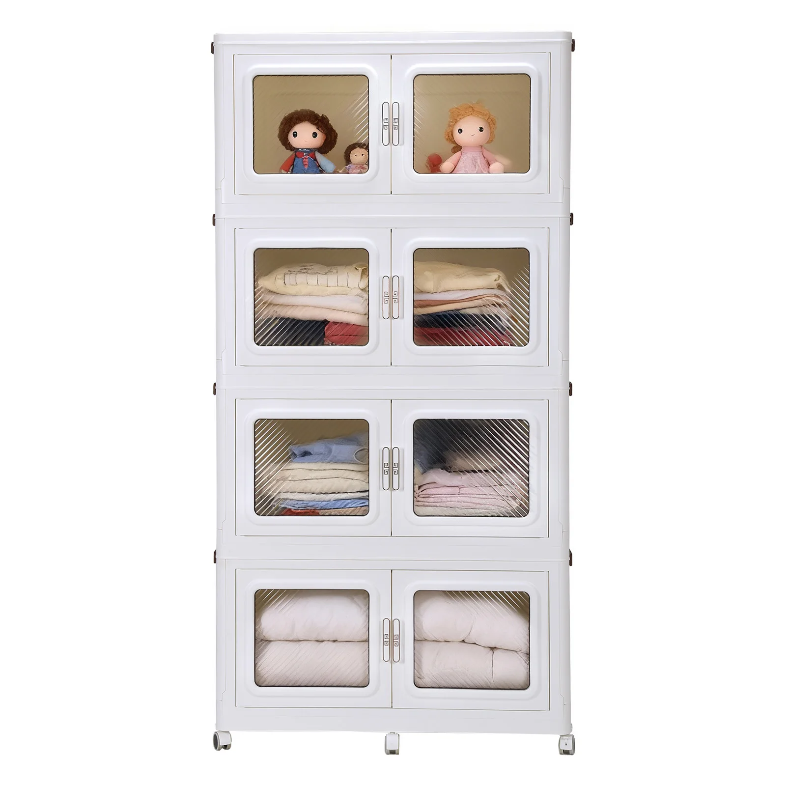 

4-Tier Stackable Storage Bin with Lid Collapsible Closet Cabinet with Doors and Wheels for Small Spaces Bathroom Kitchen Laundry