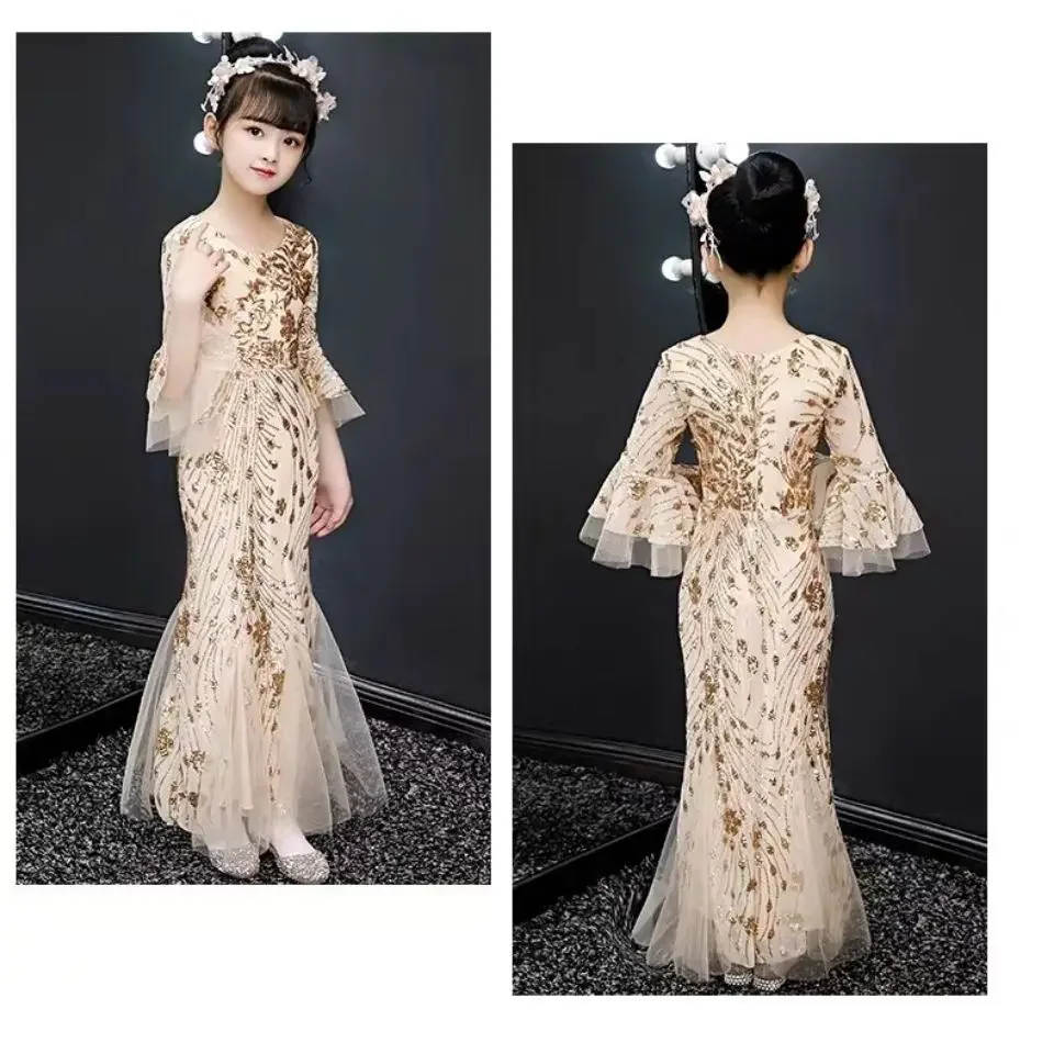 Kid luxury wedding dress children girl evening gold sequin bodycon trumpet mermaid party elegant cocktail chinese style dress