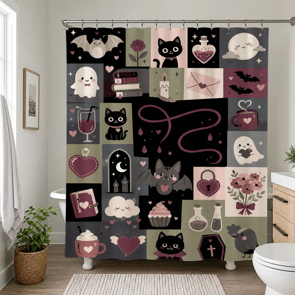 Spooky Cute Halloween Bathroom Shower Curtain Gothic Kawaii Witchy Bat Ghost Theme for Kids Adults