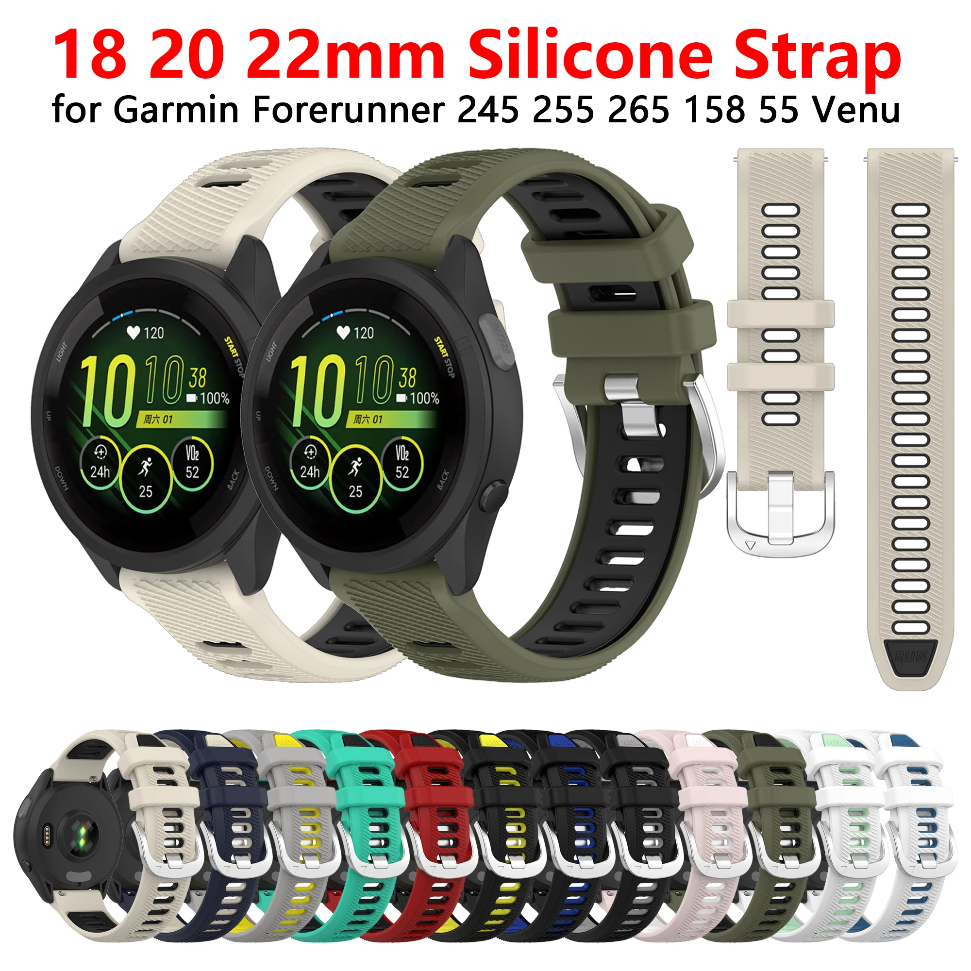 

18 20 22mm Silicone Strap For Garmin Forerunner 255 265 255s 245 645 158 Vivoactive 3 4 4s Band Watch Venu 2 3 2s 3s SQ Bracelet