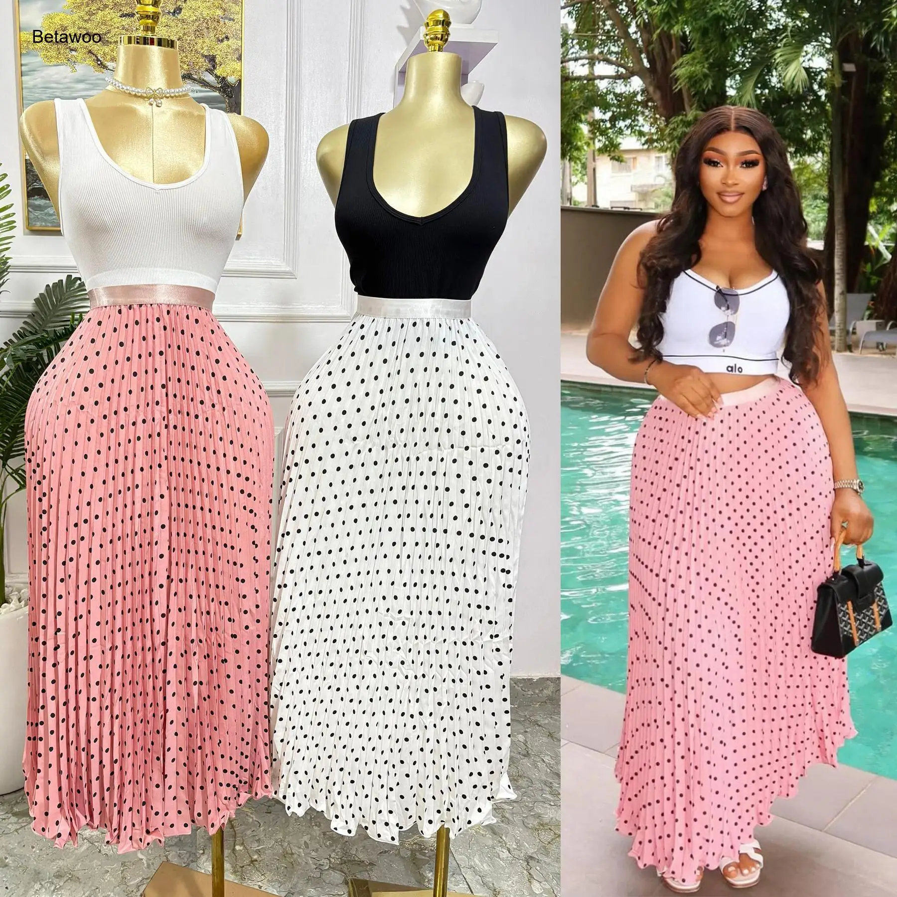 Womens Two Piece Outfit Sleeveless Tank Top High Waist Polka Dot Pleated Midi Skirt Set Casual Daily Wear Chic Fashion Style