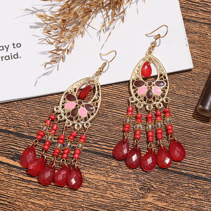 Vintage ethnische lange Tropfen Öl Blume Perlen Quaste Ohrringe für Frauen Boho Gold Farbe hohle Acryl Wasser Tropfen baumeln Ohrringe – Detail 5