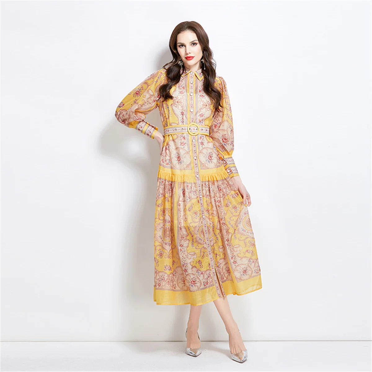 Klassieke vintage print lange maxi-jurk voor dames revers lantaarn mouw single-breasted slanke shirtjurk vestidos gewaden