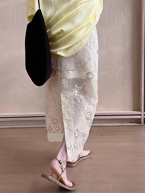 تنورة أنيقة بتصميم مفرغ ومطرز على شكل حرف A للنساء، تصميم بخصر متوسط، مناسبة للربيع والصيف، أسلوب عملي، قماش عالي الجودة