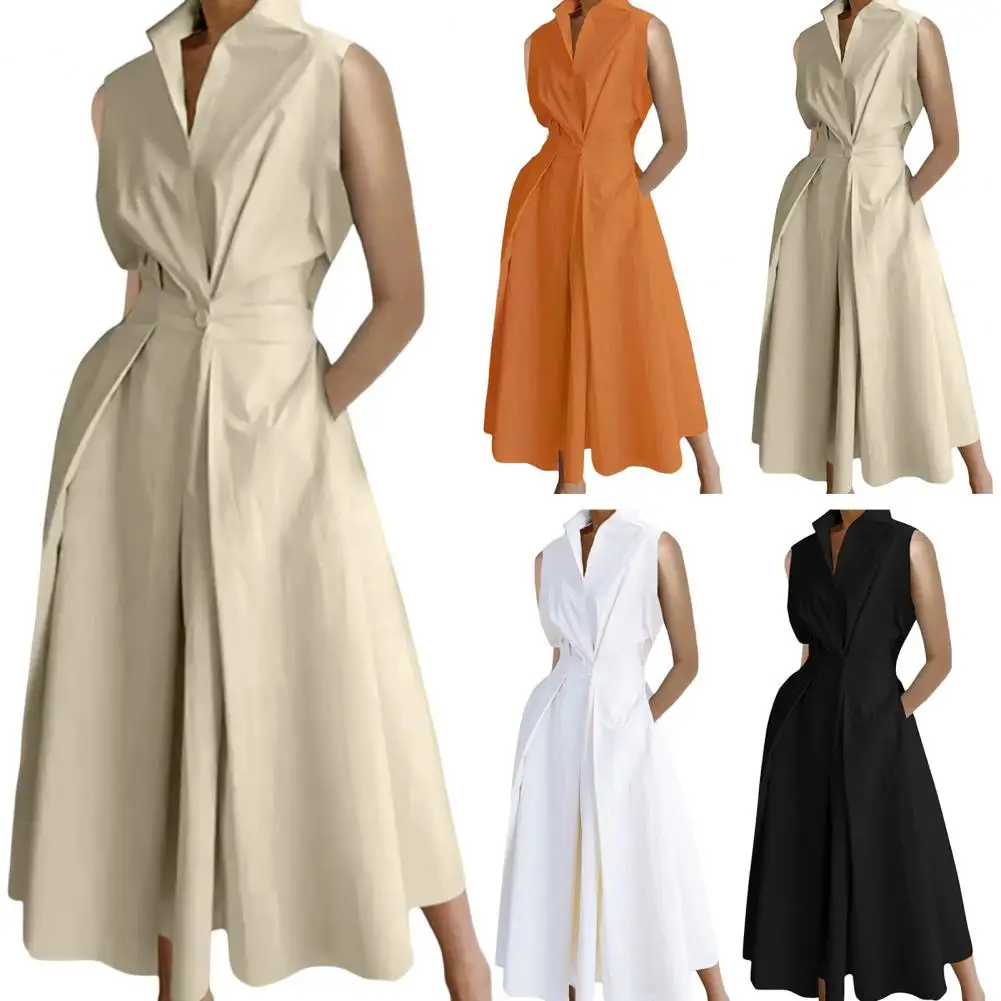 Women Lapel Collar Dress Loose Cut Midi Dress Elegant Midi Dress with Lapel Button Detail High Waist for Formal Events