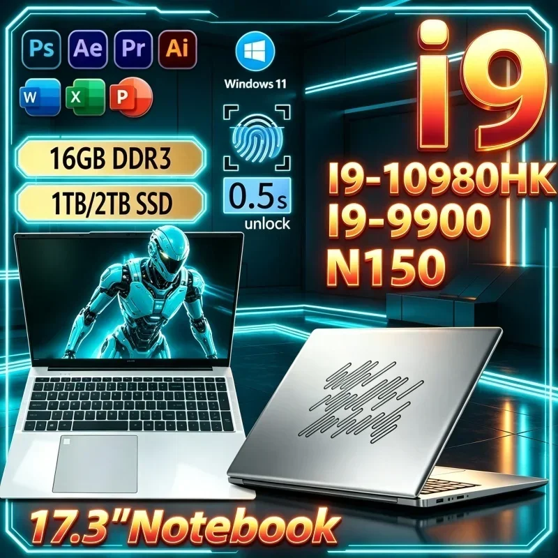 2026 Best‑Seller‑Grade 17.3 Inch Notebook Intel I9‑10980HK/I9‑9900/N150 16GB 32GB 2TB SSD Win11 Ultra Slim Gaming Office Laptop
