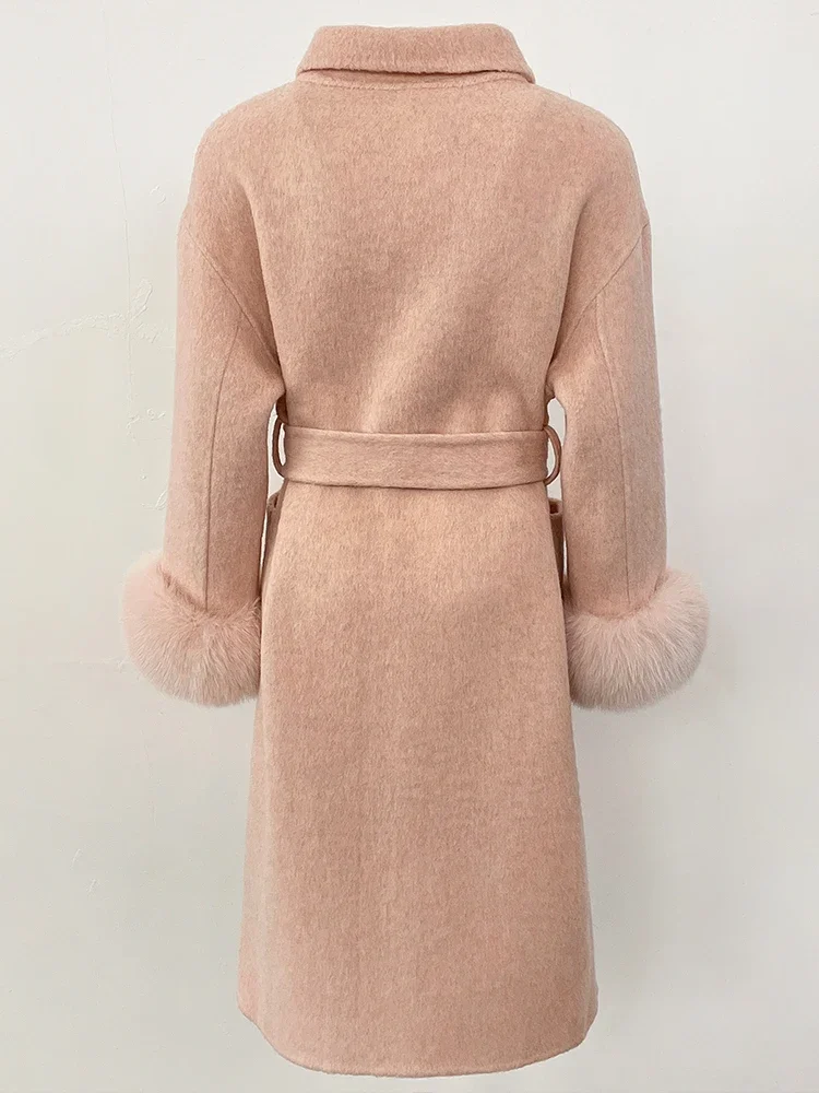 เสื้อโค้ทขนสัตว์แท้สำหรับผู้หญิง แฟชั่นฤดูใบไม้ร่วง-ฤดูหนาว ปี 2025  พร้อมเข็มขัดยาว  ผ้าขนสัตว์แคชเมียร์ผสมขนจิ้งจอกธรรมชาติ