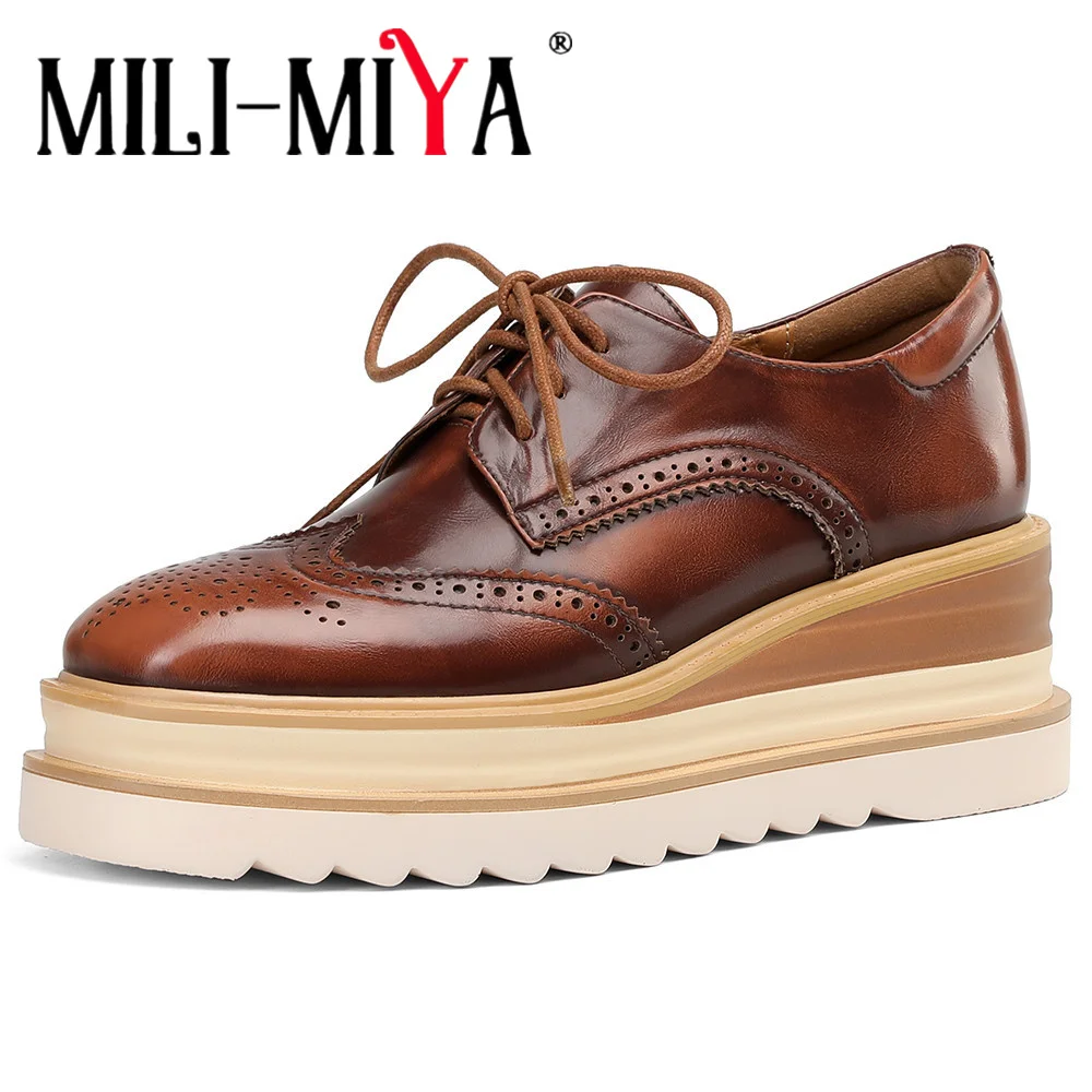 

MILI-MIYA Retro-Vintage Style Women Cow Leather Sneakers Round Toe Lace Up Platform Flat Heels Solid Color Handmade For Ladies