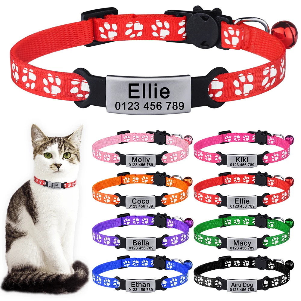 Personalized Adjustable Nylon Cat Collar Bell Pet Products Small Large Kitten Safety Accessories Breakaway Tag Small Necklace