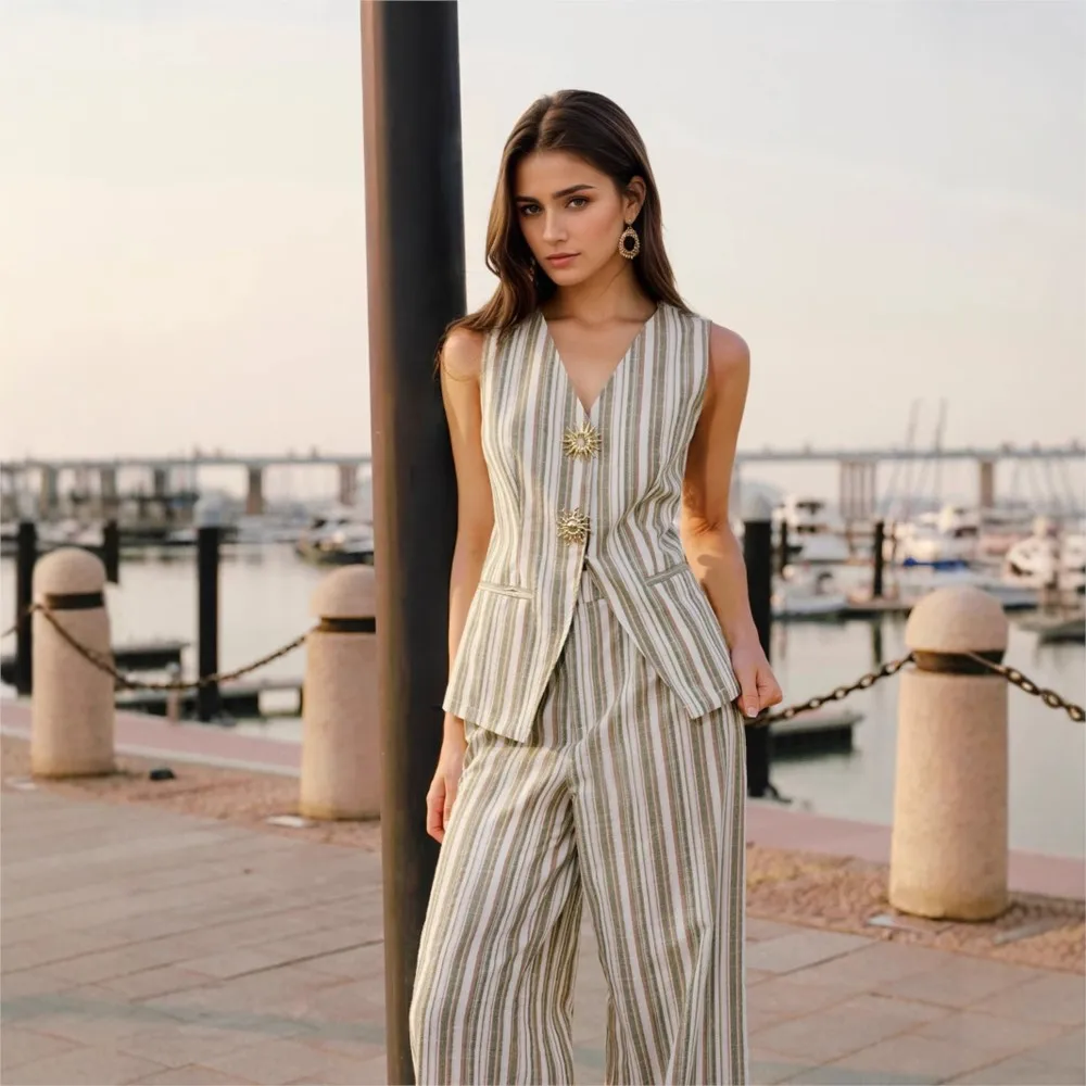 

Casual Striped V-neck Sleeveless Top Shirt Shirt High Waist Wide-leg Trousers Suit Summer Loose Button Top Shirt Long Suit2025