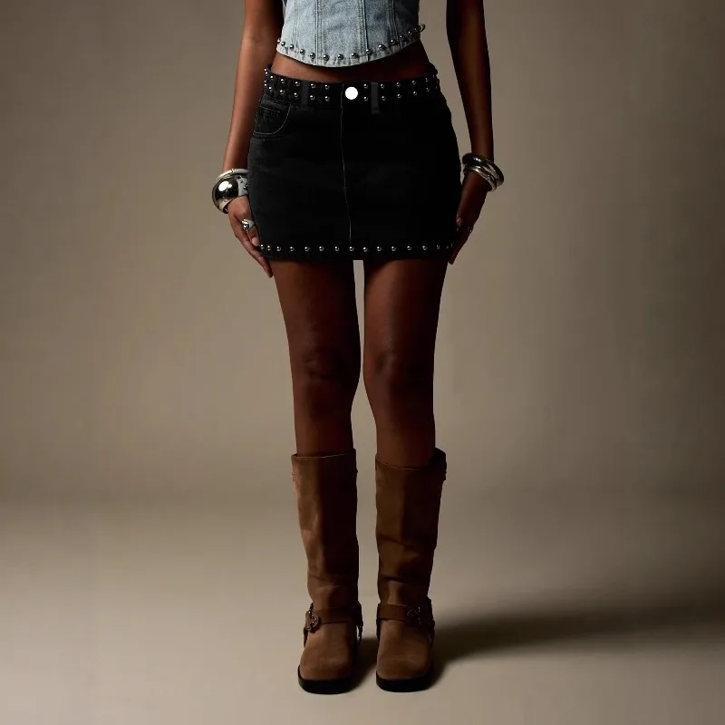 2026 Denim Skirt Y2K Rivet Metal Spice Girl Mini Skirt Hip High Waist Black Punk 2026 Grunge Spring New Summer Skirt Jean