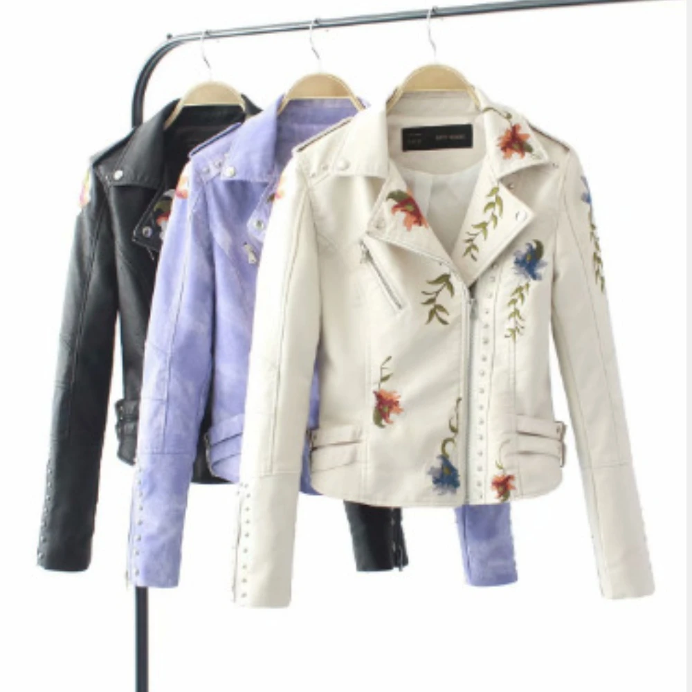 2023spring New Embroidery Short Women\'s Jacket Rivetpuleather Coat Embroidery Machine Car Coat