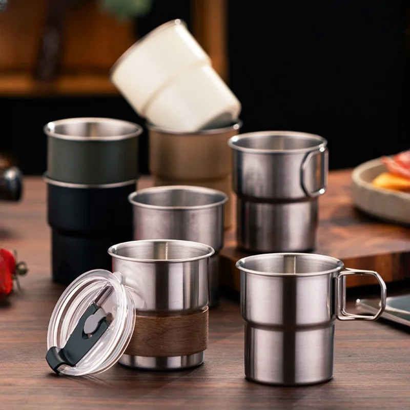 

Stainless Steel Beer Mug Outdoor Camping Portable Collapsible Drinking Cup with Lid Office Stackable Americano Coffee Mugs