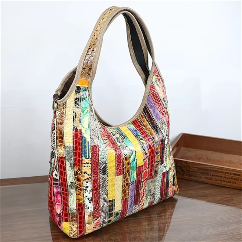 New Fashion Serpentine Lacquer Leather Genuine Leather Bag, Casual Single Shoulder Women's Shirt and Women's Bag, Large Bag