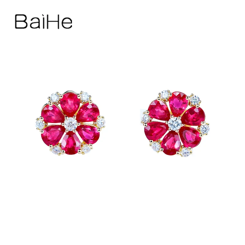 

BAIHE Solid 14K Yellow Gold Natural Ruby H/SI Diamond Flower Stud Earrings Women Trendy Engagement Fine Jewelry aretes kolczyki