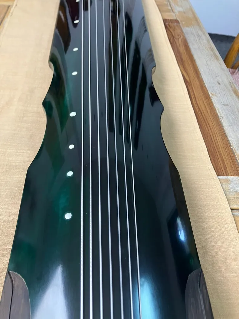 Full Raw Lacquer Guqin, Dark Green, Traditional Chinese 7 String Stringed Musical Instrument