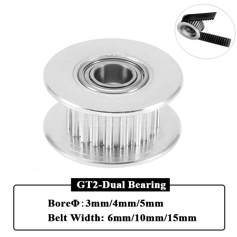 

GT2 20T Dual Bearing Aluminum Idler Pulley Bore 3mm/4mm/5mm Synchronous Wheel for GT2 Belt Width 6mm/10mm/15mm 3D Printer Part