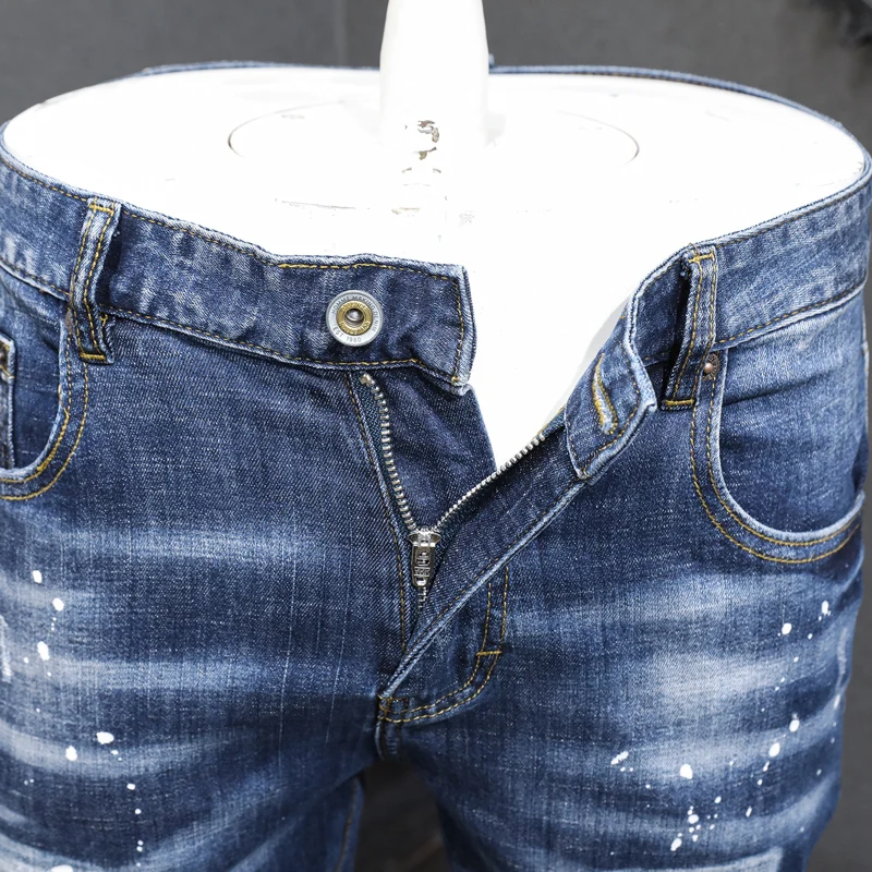 Fashion Designer Men Jeans Retro Washed Blue Stretch Skinny Ripped Jeans Men Patched Vintage Denim Pants Hombre Trendy Trousers