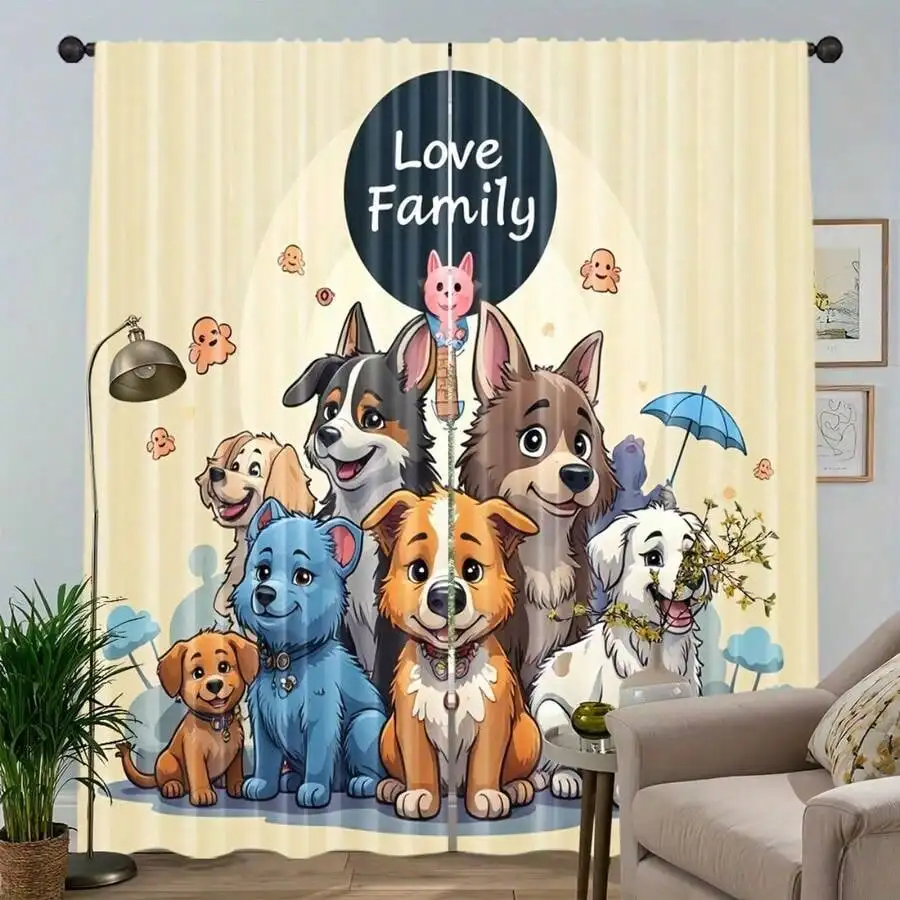 

Cartoon Dog Curtain, Love Family Print Cute Pets Blackout Curtains, Animal Kids Room Window Drapes, 2 Panels