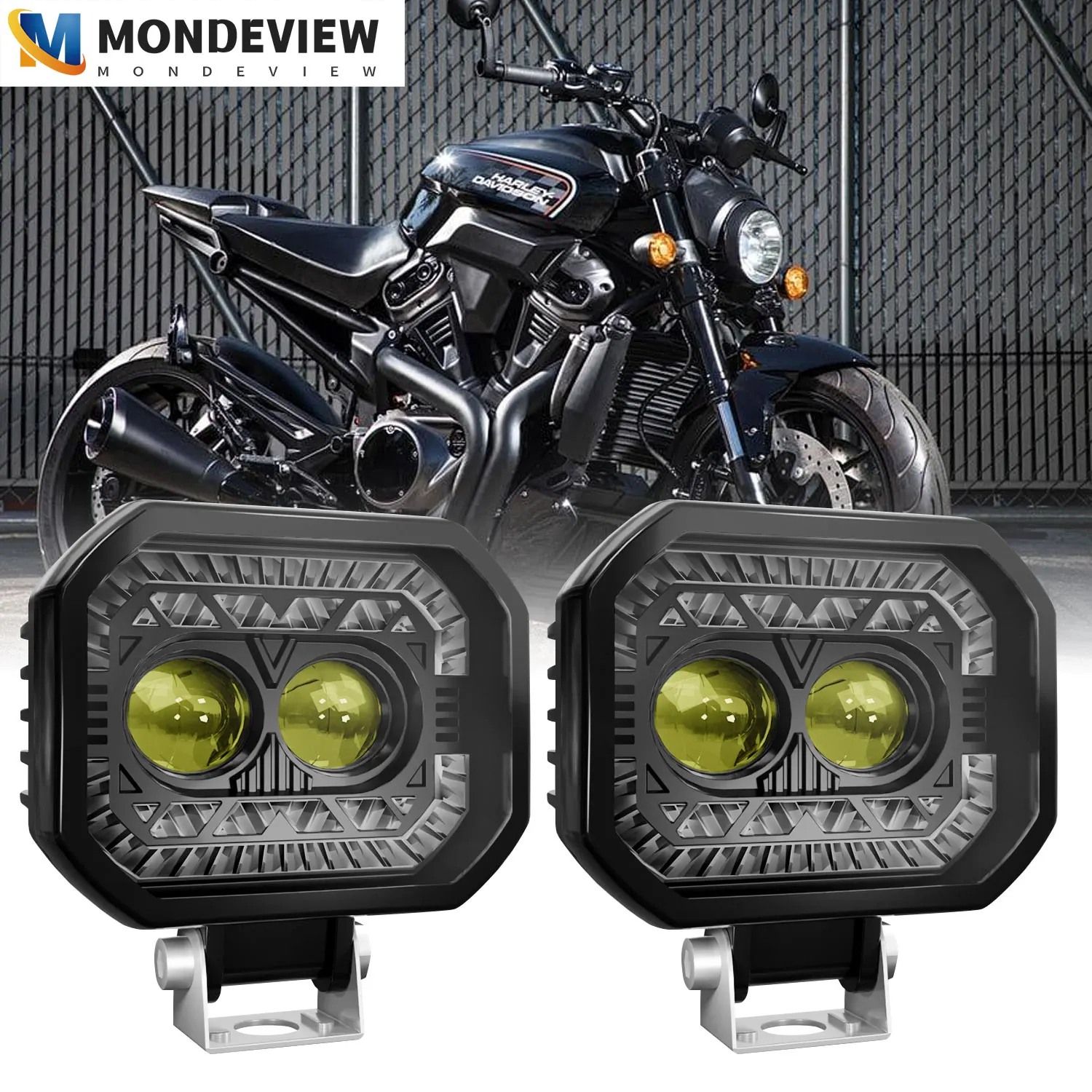 MONDEVIEW Square Motorcycle M9 Spotlight DRL6000K White Light 220W High Power 20000LM High Brightness Daytime Running Light